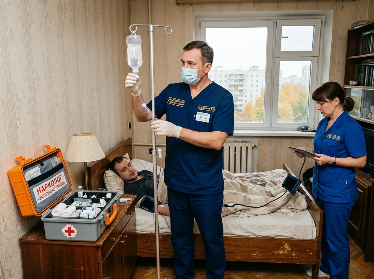 Медицинская бригада нарколог с чемоданчиком и капельницей приезжает к пациенту домой, Воронеж, профессиональный выезд на дом, уверенный врач в форме